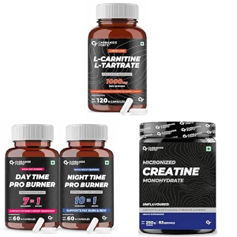 Carbamide Forte L-Carnitine L-Tartrate 1000mg Supplement (Pack of 1) & Night & Day Fat Burner-Weight Loss Support ( Pack of 2) & Creatine Monohydrate ( Pack of 1)Supplement for Lean Muscle ( Pack of 1)